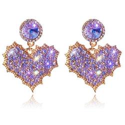 D.Rosse Chic Gold Red Crystal Love Heart Shaped Stud Earrings Charm Shining Purple Rhinestone Leaf Dangle Drop Earrings Valentines Day Jewelry Gifts For Women Girls