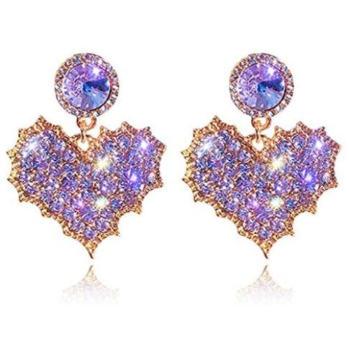 D.Rosse Chic Gold Red Crystal Love Heart Shaped Stud Earrings Charm Shining Purple Rhinestone Leaf Dangle Drop Earrings Valentines Day Jewelry Gifts For Women Girls