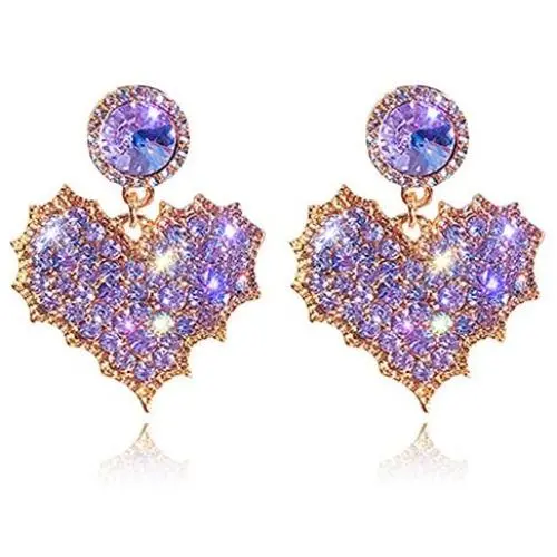 D.Rosse Chic Gold Red Crystal Love Heart Shaped Stud Earrings Charm Shining Purple Rhinestone Leaf Dangle Drop Earrings Valentines Day Jewelry Gifts For Women Girls