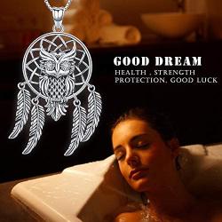 Dream Catcher Necklace for Women, Owl Sterling Silver Pendant with Feather and Cubic Zirconia, Oxidized Technology Special Effect - Lucky Amulet Jewelry Gift Ideas