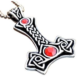 Asatru Mjölnir Jewelry Celtic Thor Mjolnir Red Gem Crystal Norse Viking Icelandic Scandinavian Thors Hammer Protection Amulet Pewter Mens Pendant Necklace Charm for men unisex w Silver Ball Chain