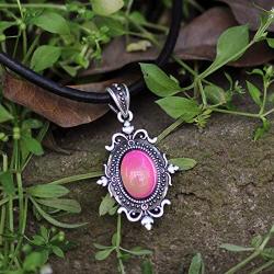 Mood Stone in Antique Sterling Silver Finish Gothic Flower Pattern Pendant Magic Color Change Leather Necklace Mood Necklace