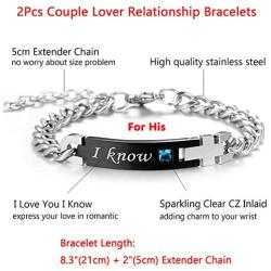 MMTTAO 2Pcs Couple Bracelet for His and Her Matching Sets Cubic Zirconia Titanium Stainless Steel Friendship Relationship Personalized Distance Chain Bracelet for Women Men Lover Promise Jewelry Gifts