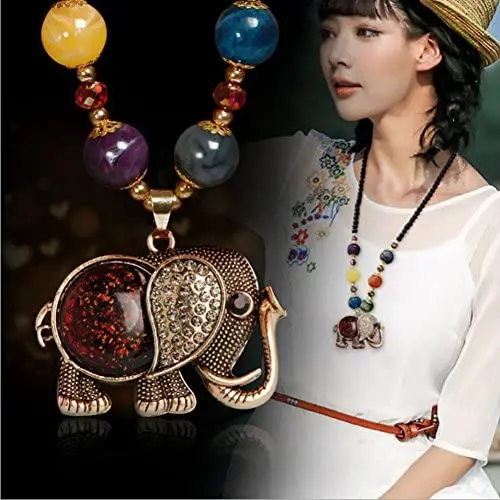 AKOAK Bohemian Long Black Beaded Chain Elephant Pendant Necklace for Women Girls AKOAK Bohemian Long Black Beaded Chain Elephant Pendant Necklace for Women Girls