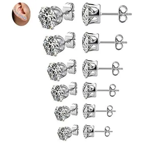Cz Stud Earrings For Women, Cubic Zirconia Hypoallergenic Sensitive Ears Copper Claw Cartilage Piercing Earring Set For Teen Girls Men Pack Of 6 Pairs Jewelry