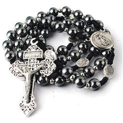 HanlinCC 8mm Hematite Rosary Black Stone Beads with 4mm Stainless Steel Beads and St.Benedict Metal Beads Rosary Necklace with Medal & Cross for Men and Womens
