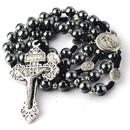 HanlinCC 8mm Hematite Rosary Black Stone Beads with 4mm Stainless Steel Beads and St.Benedict Metal Beads Rosary Necklace with Medal & Cross for Men and Womens HanlinCC 8mm Hematite Rosary Black Stone Beads with 4mm Stainless Steel Beads and St.Benedict Metal Beads Rosary Necklace with Medal & Cross for Men and Womens