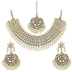 Finekraft Meena Kundan Bridal Wedding Designer Gold Plated Pearls Necklace Jewelry Set