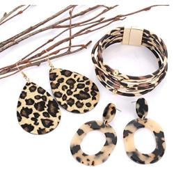 Leopard Earrings Bangle Bracelets for Women Cheetah Print Layer Bracelets Resin Acrylic Hoop Dangle Earrings Leather Leopard Leaf Drop Earrings Jewelry Set for Girls