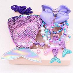 GOEXPLAK 6-Piece Princess Dress Up Game Jewelry Gift Box Set Sequins Mermaid Tail Coin Purse Necklace Bracelet Ring Pearl Earrings Gifts for Girls (Dream Purple Tail)