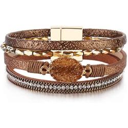 FANCY SHINY Leather Wrap Bracelet Boho Cuff Bracelets Crystal Bead Bracelet with Magnetic Clasp Jewelry Gifts for Women Teen Girls