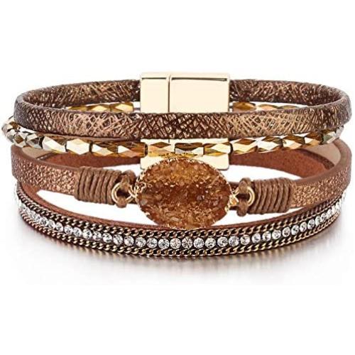 FANCY SHINY Leather Wrap Bracelet Boho Cuff Bracelets Crystal Bead Bracelet with Magnetic Clasp Jewelry Gifts for Women Teen Girls