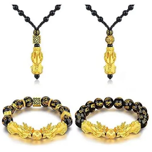Legendary Pixiu Black Obsidian Wealth Fortune Necklace Strand Bracelet Set Color Changing Hand Carved Mantra Piyao Luck Protection Jewelry Gift for Women Men Girls