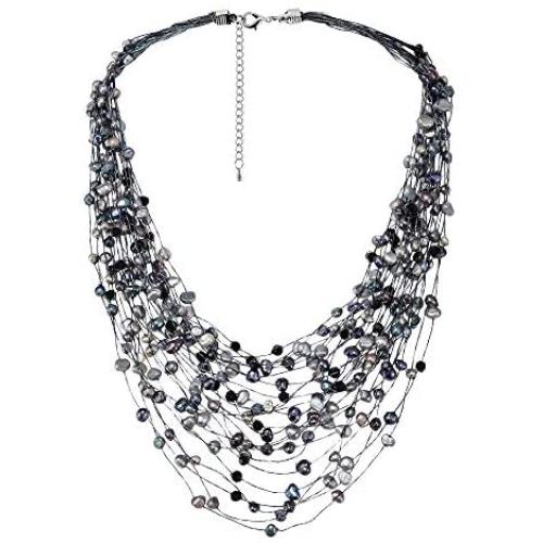 Cultured Freshwater Pearl & Fashion Crystal Silk Layered Multi Strand Necklace