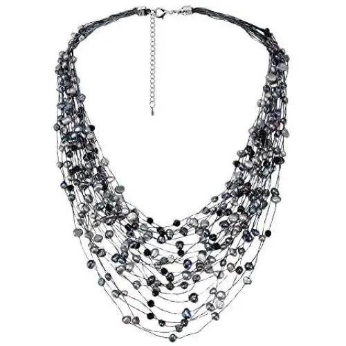 Cultured Freshwater Pearl & Fashion Crystal Silk Layered Multi Strand Necklace Cultured Freshwater Pearl & Fashion Crystal Silk Layered Multi Strand Necklace