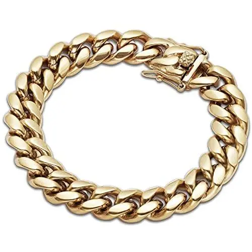 GOLD IDEA JEWELRY Hip Hop 14K Cuban Link Chain 5 Times Real Gold Plated Heavy Solid 8mm-18mm Miami Cuban Link Chain Stainless Steel Necklace/Bracelet for Men