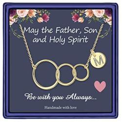 MONOZO Christian Gifts for Women Necklace, 14k Gold Filled Three Circle Christian Necklace Girls Initial Letter Necklace Religious Gifts for Grandma from Granddaughter