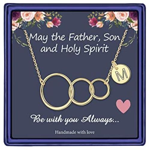 MONOZO Christian Gifts for Women Necklace, 14k Gold Filled Three Circle Christian Necklace Girls Initial Letter Necklace Religious Gifts for Grandma from Granddaughter