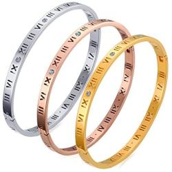 VNOX Girls IP Stainless Steel Rhinestone Roman Numeral Bangle Bracelet,Silver,7.5''
