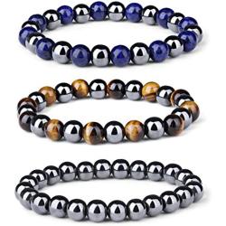 LOYALLOOK 3Pcs Magnetic Hematite Therapy Beads Bracelet Men Women Healing Energy Natural Stone Adjustable Bracelet Tiger Eye Stone