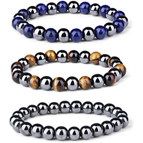 LOYALLOOK 3Pcs Magnetic Hematite Therapy Beads Bracelet Men Women Healing Energy Natural Stone Adjustable Bracelet Tiger Eye Stone