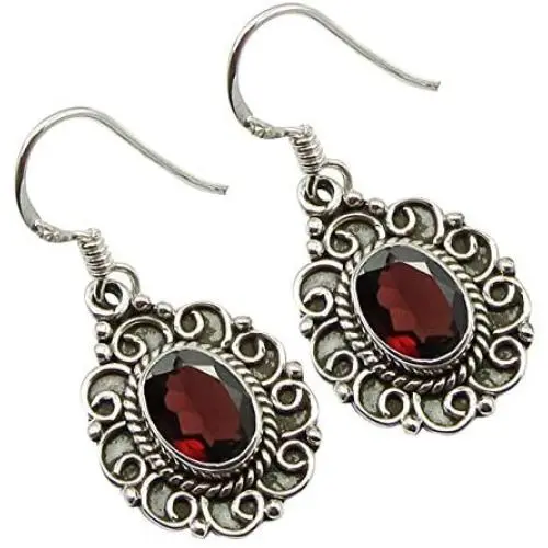 SilverStarJewel Sterling Silver Women Handmade Jewelry Red Garnet Earrings 1.3'' SilverStarJewel Sterling Silver Women Handmade Jewelry Red Garnet Earrings 1.3''