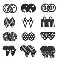 JOERICA 12 Pairs African Wood Earrings for Women Bohemian Wooden Drop Earrings Lightweight Statement Drop Earrings Set Ethnic Style