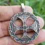 Medieval Norse Viking Jewelry Sunwheel Celtic Sun Wheel Shield Solar Cross Protection Amulet Pewter Mens Pendant Necklace Charm Wealth Travel Medallion Victory Talisman for men w Silver Ball Chain