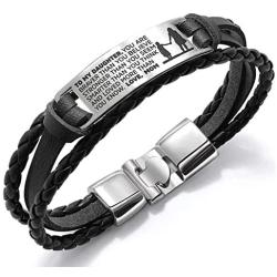 COMTRUDE to My Daughter Bracelets, Stainless Steel Leather Inspirational Wristband, Daughter Bracelet from Mom and Daddy, Love Daughter Best Gift (Brown and Black)