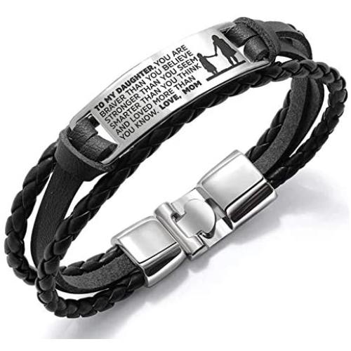 COMTRUDE to My Daughter Bracelets, Stainless Steel Leather Inspirational Wristband, Daughter Bracelet from Mom and Daddy, Love Daughter Best Gift (Brown and Black)