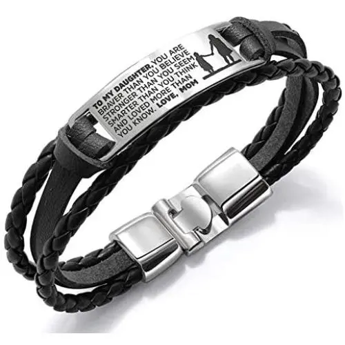 COMTRUDE to My Daughter Bracelets, Stainless Steel Leather Inspirational Wristband, Daughter Bracelet from Mom and Daddy, Love Daughter Best Gift (Brown and Black)