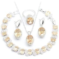 Aixili Oval Champagne Orange Cubic Zirconia Jewelry Set for Women with Bracelet Necklace Pendant Earring Ring Wedding Party Fashion Jewelry