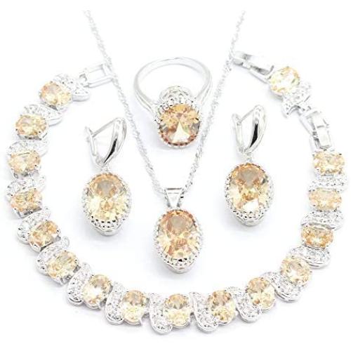 Aixili Oval Champagne Orange Cubic Zirconia Jewelry Set for Women with Bracelet Necklace Pendant Earring Ring Wedding Party Fashion Jewelry Aixili Oval Champagne Orange Cubic Zirconia Jewelry Set for Women with Bracelet Necklace Pendant Earring Ring Wedding Party Fashion Jewelry