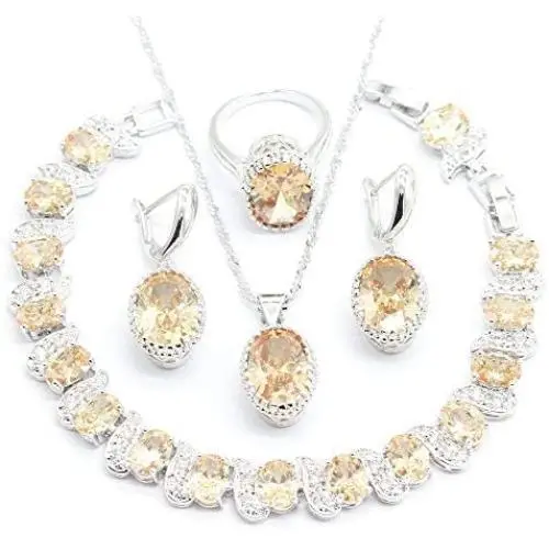 Aixili Oval Champagne Orange Cubic Zirconia Jewelry Set for Women with Bracelet Necklace Pendant Earring Ring Wedding Party Fashion Jewelry