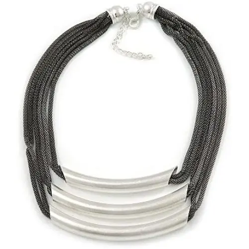 Avalaya Statement 3 Strand Layered Dark Grey Mesh Necklace with Tunnel Detailing - 48cm L/ 6cm Ext