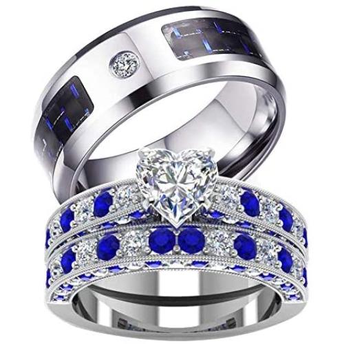 IOU 3pc Two Rings His Hers Wedding Ring Sets Couples Rings Womens White Gold Plated Heart CZ Wedding Engagement Ring Bridal Sets Mens Stainless Steel Wedding Band