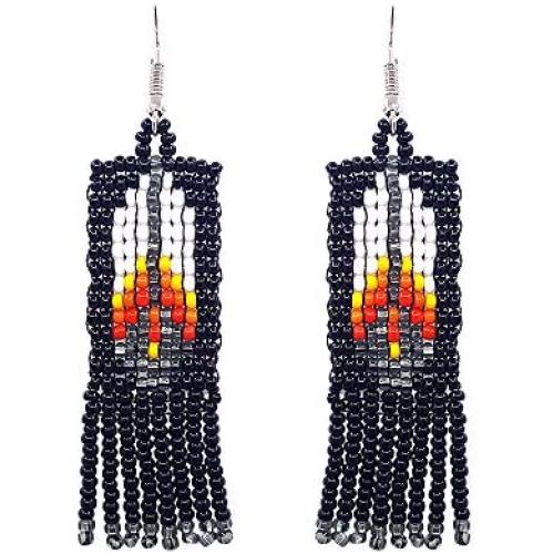 Mia Jewel Shop Native American Inspired Feather Design Rectangle Seed Bead Fringe Dangle Earrings - Womens Fashion Handmade Jewelry Tribal Accessories
