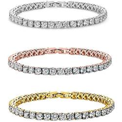 Savlano 14K Gold Plated Cubic Zirconia Round 4MM Classic Tennis 7.5 in Bracelet For Women (3 Pack Tri-Color Set)