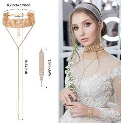 Hicarer Women Crystal Jewelry Set Rhinestone Tassel Choker Necklace Long Tassel Earrings Rhinestone Stretch Bracelet Ring