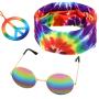 3 Pieces Rainbow Color Hippie Accessories, Including 1 Pair Sunglasses, 1 Peace Sign Necklace and 1 Peace Sign Headscarf (Orange Rope and Colorful Pendant)