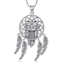 Dream Catcher Necklace for Women, Owl Sterling Silver Pendant with Feather and Cubic Zirconia, Oxidized Technology Special Effect - Lucky Amulet Jewelry Gift Ideas