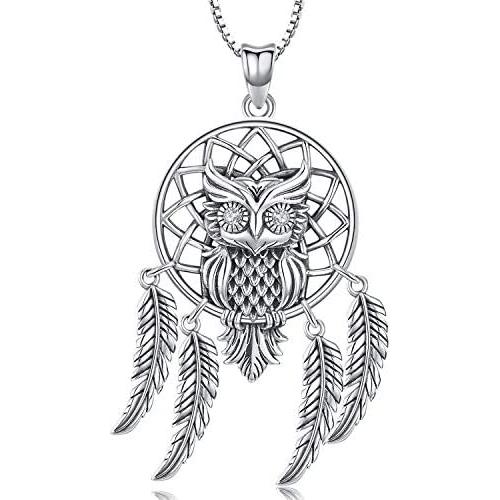 Dream Catcher Necklace for Women, Owl Sterling Silver Pendant with Feather and Cubic Zirconia, Oxidized Technology Special Effect - Lucky Amulet Jewelry Gift Ideas