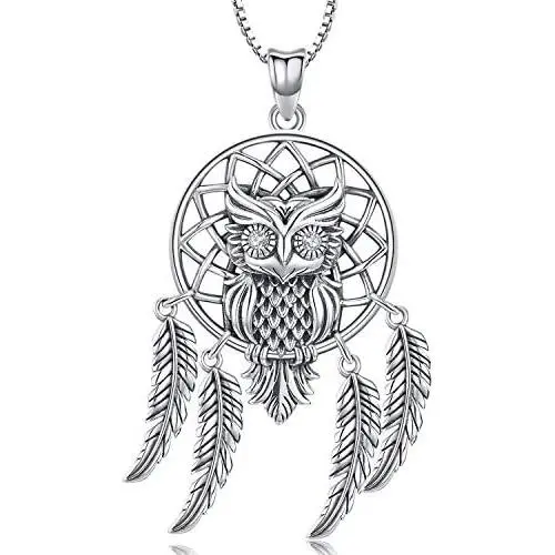 Dream Catcher Necklace for Women, Owl Sterling Silver Pendant with Feather and Cubic Zirconia, Oxidized Technology Special Effect - Lucky Amulet Jewelry Gift Ideas