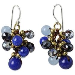 NOVICA Blue Quartz .925 Sterling Silver Glass Beaded Cluster Earrings Blue Cattlelaya