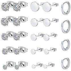 KANOUE Hypoallergenic Stainless Steel Stud Earrings Set Cubic Zirconia 316L Earrings (12 Pairs)