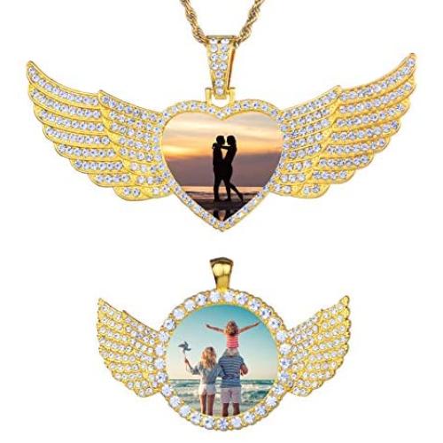 DOSBOO DIY Picture Necklace Personalized Custom Photo Angel Wing & Heart-Shaped & Round Pendant with 18 Gold Silver Rope Chain Hip Hop Jewelry