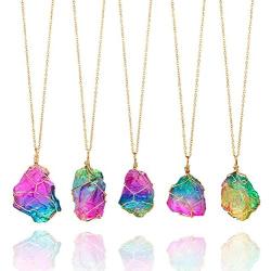 Bling Toman Healing Stone Necklaces Chakra Crystals for Women Candy Jewelry Rainbow Natural Stone Pendant Necklace Wire Wrapped Raw Amethyst
