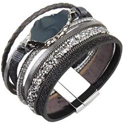 AZORA Leather Cuff Bracelet Multi Rope Wrap Bracelets with Stone Cuffs Bangle for Women Teen Girl