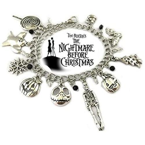 Nightmare Before Christmas 9 Themed Charms Silvertone Metal Charm Bracelet