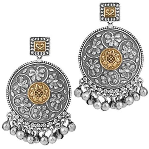 Aheli Bohemian Two Tone Oxidized Dangle Jhumki Antique Earrings Beads Tassels Indian Fashion Jewelry for Women
